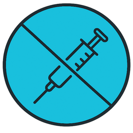 Blue circle with a crossed-out syringe icon 