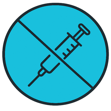 Blue circle with a crossed-out syringe icon 