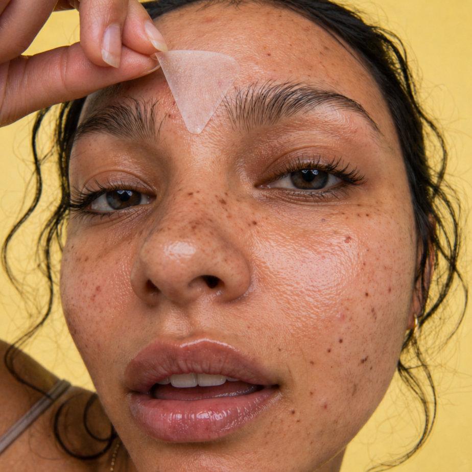Woman applying a patch to their forehead against a yellow background