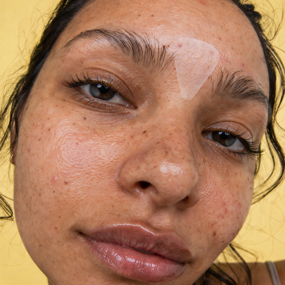 close up of woman with patch on her face and yellow background