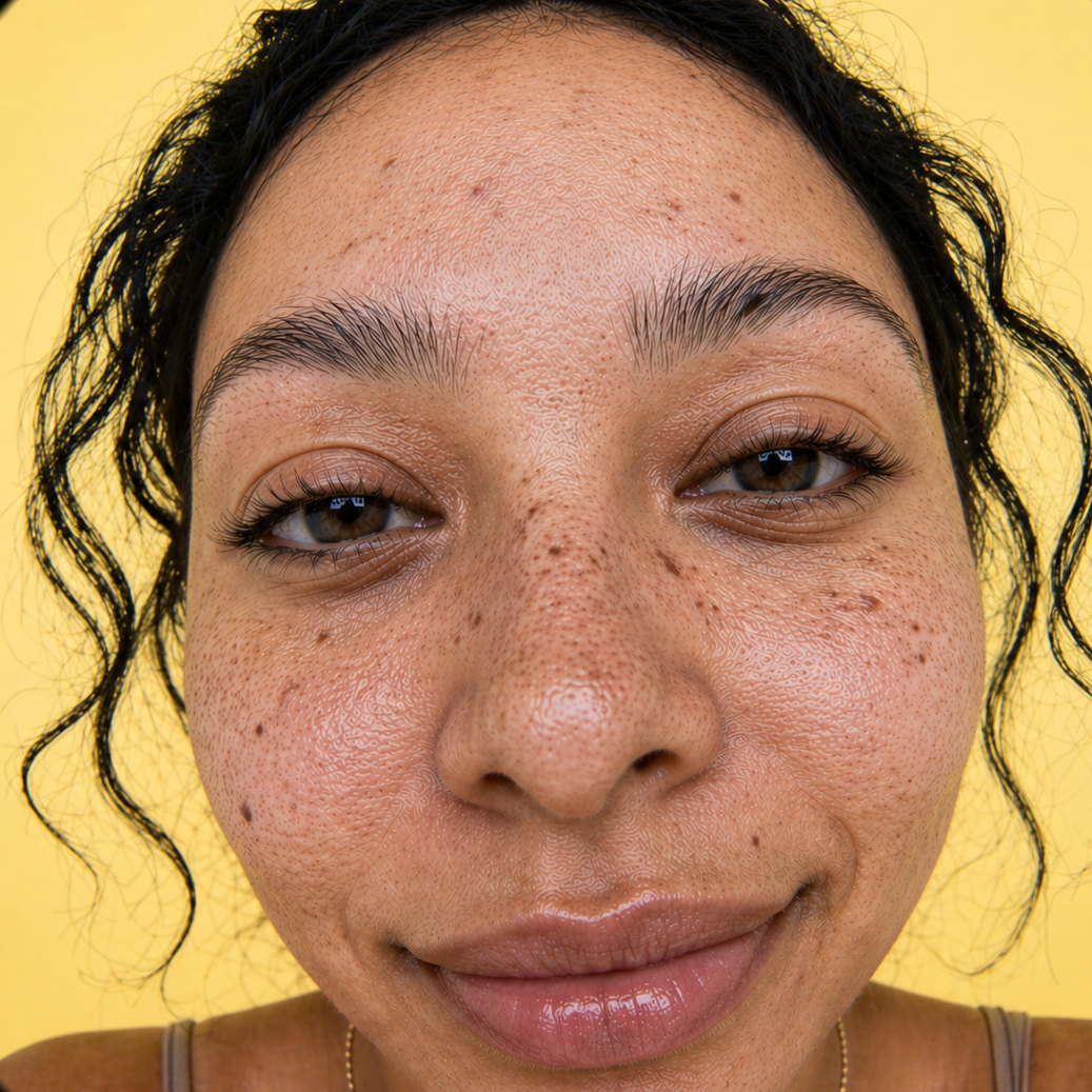 close up of a woman's face on a yellow background
