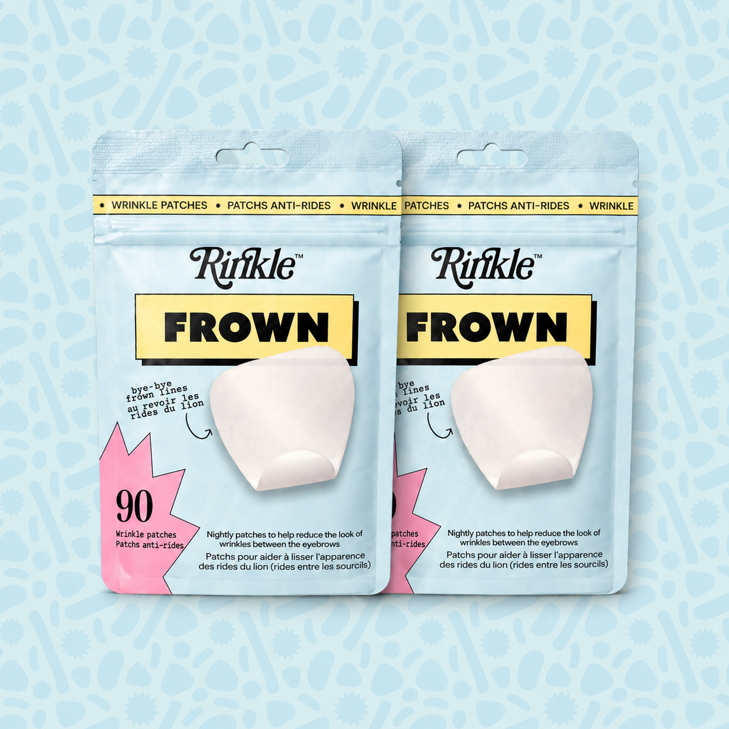 Two pouches of RINKLE "Frown" wrinkle patches on a light blue textured background