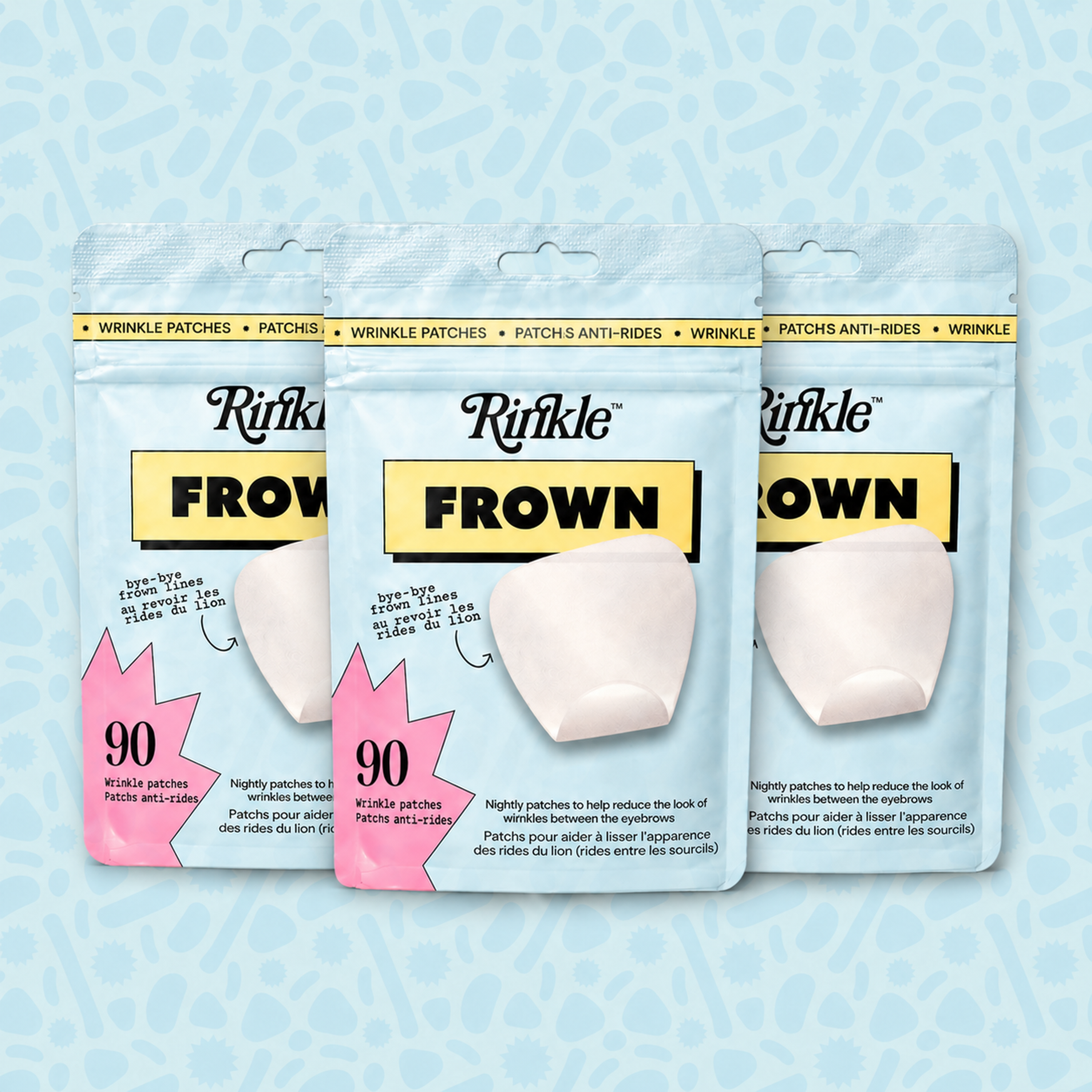 Three pouches of RINKLE "Frown" wrinkle patches on a light blue textured background
