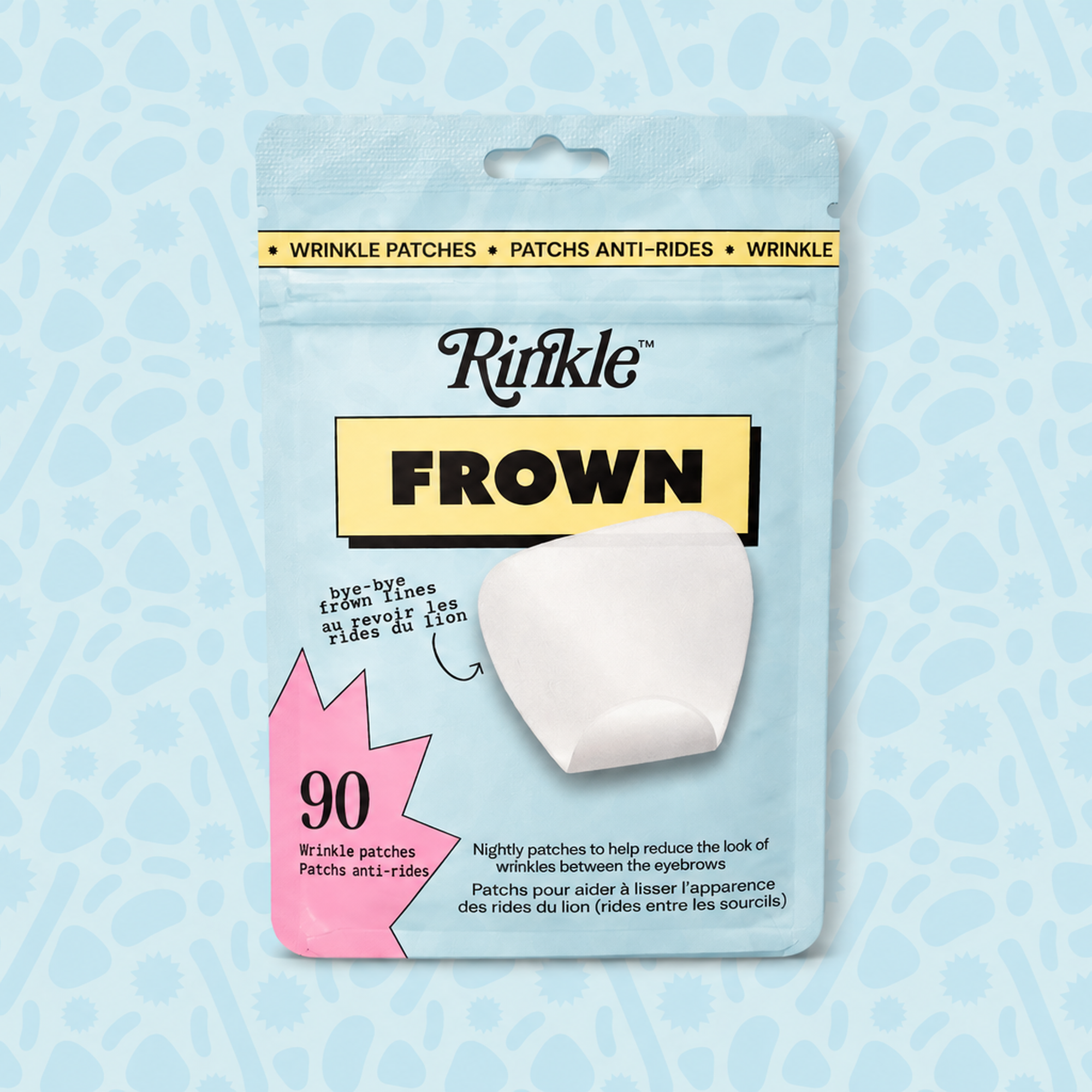 RINKLE "FROWN" pouch(wrinkle patches) on a light blue patterned background
