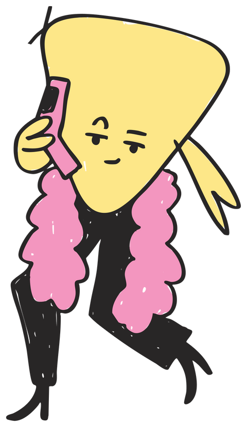 Patch-shaped cartoon character with a yellow head shaped like a "Frown" wrinkle patch, black pants, a pink feather boa, talking on a pink cell phone