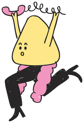 Patch-shaped cartoon character with a yellow head shaped like a "Frown" wrinkle patch, black pants, a pink feather boa, running chaotically with a pink phone