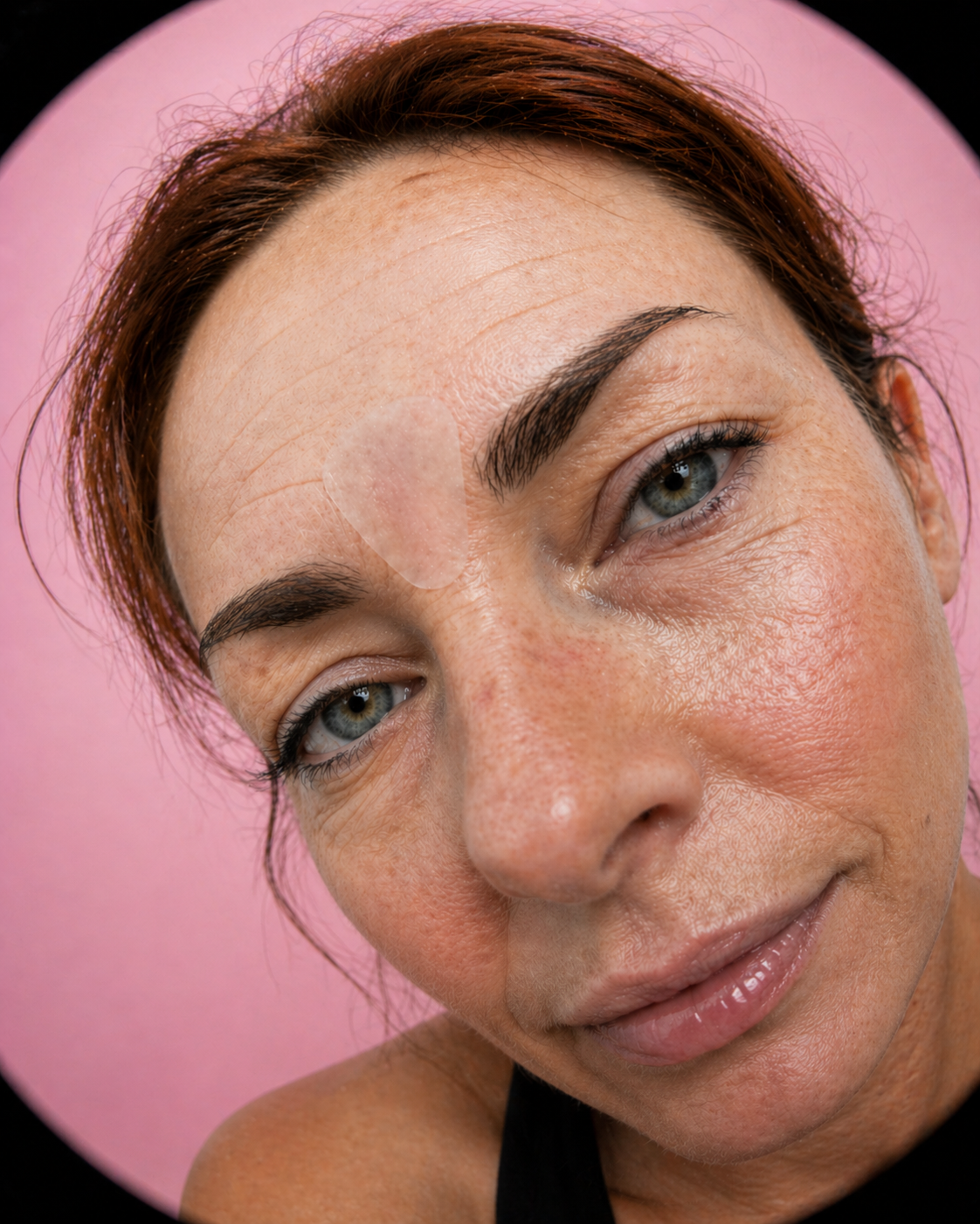 Close-up of a woman's face with a pink circular background