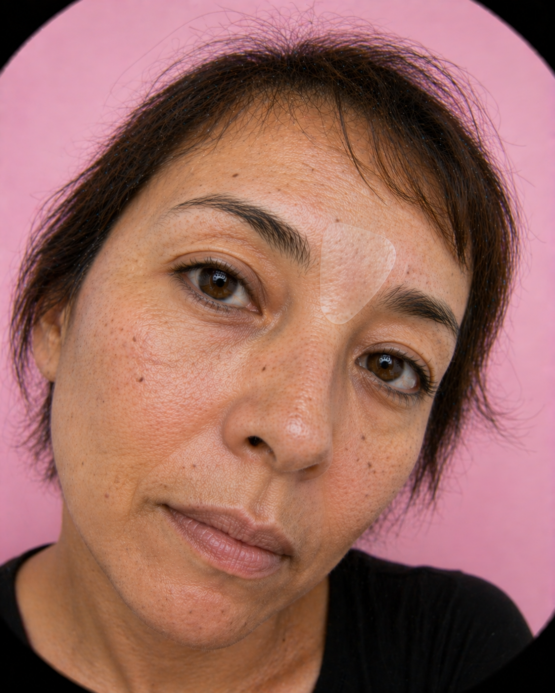 Close-up of a person with a pink background