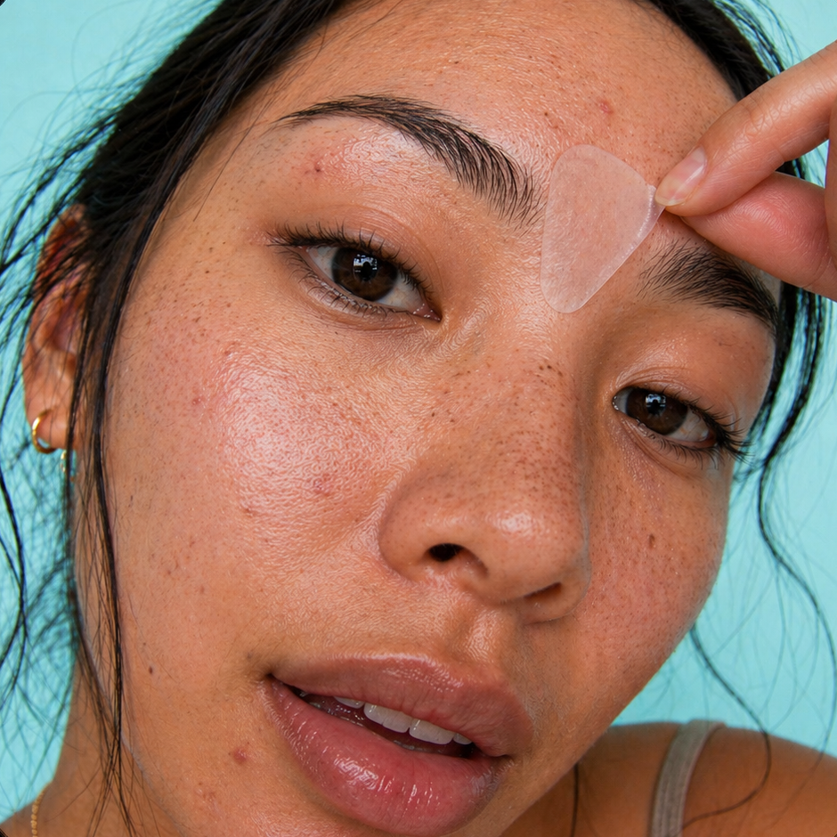Woman applying a patch to her face with a teal background