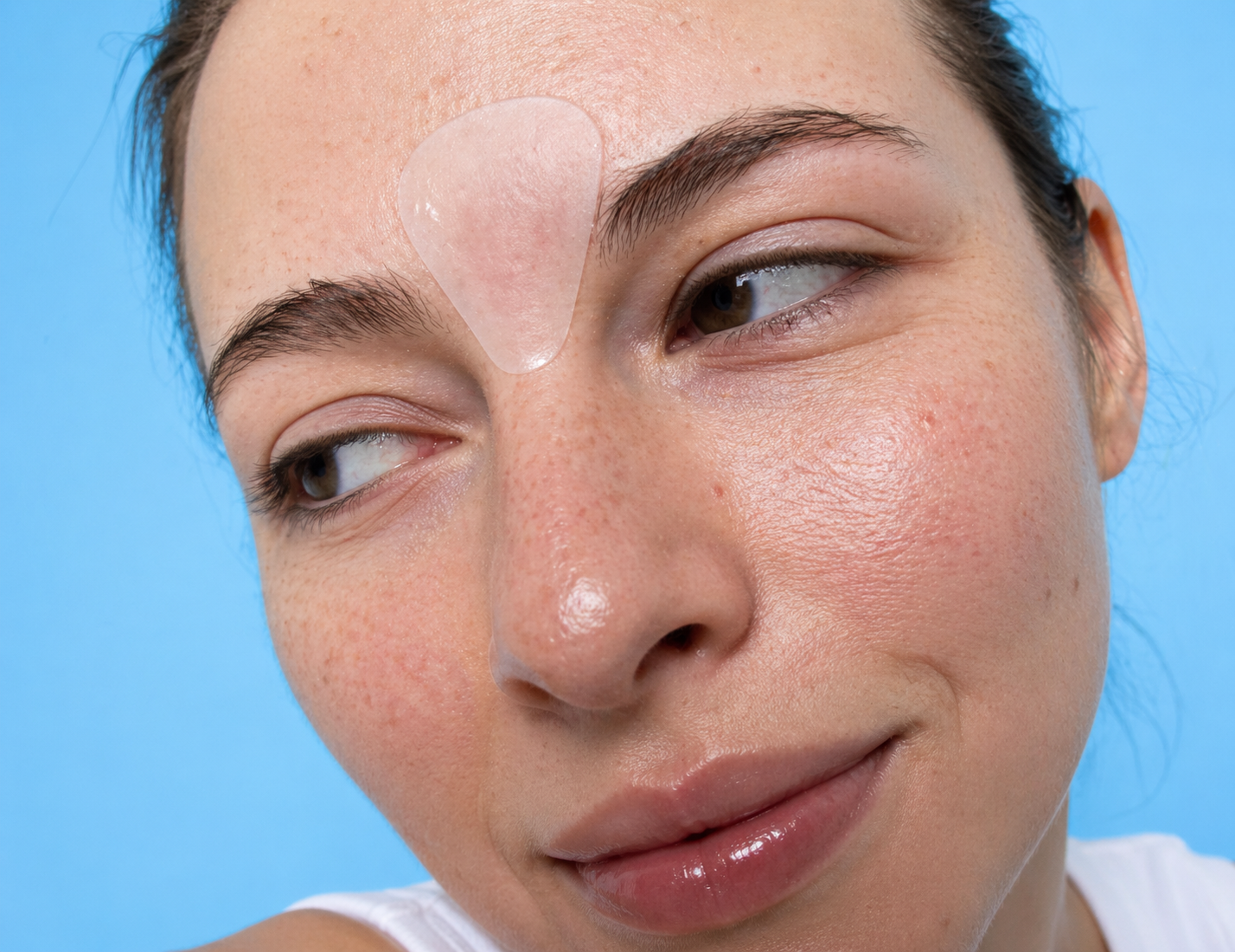 Woman with a patch on her face against a blue background