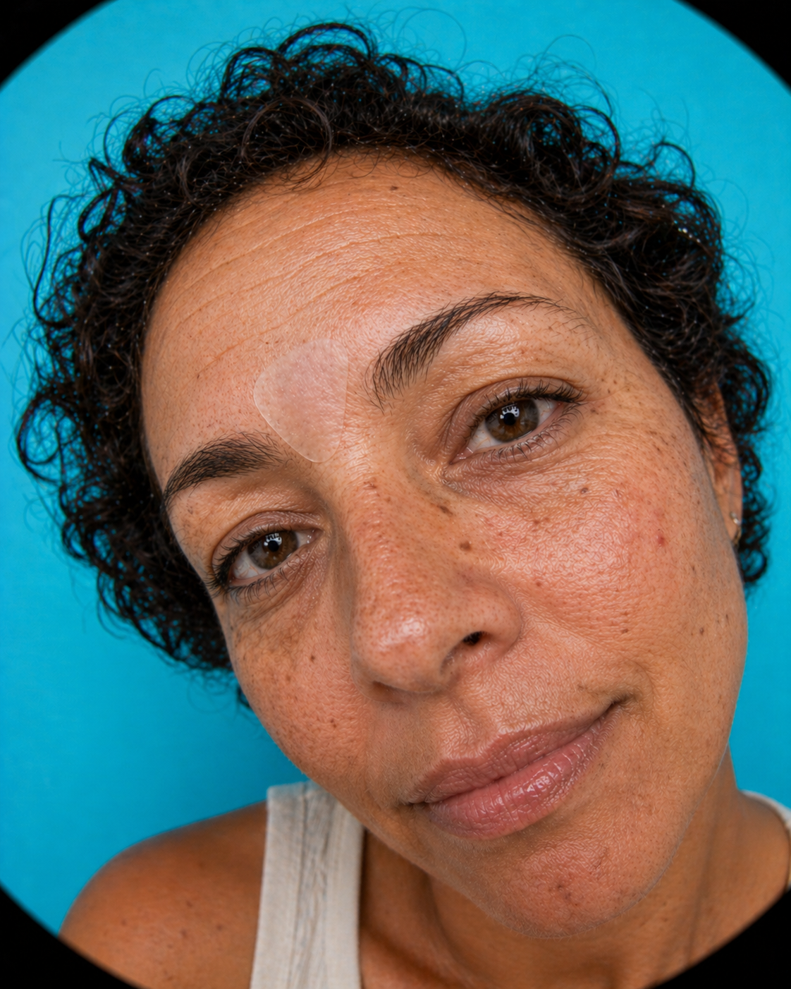 Close-up of a woman's face with a pink background