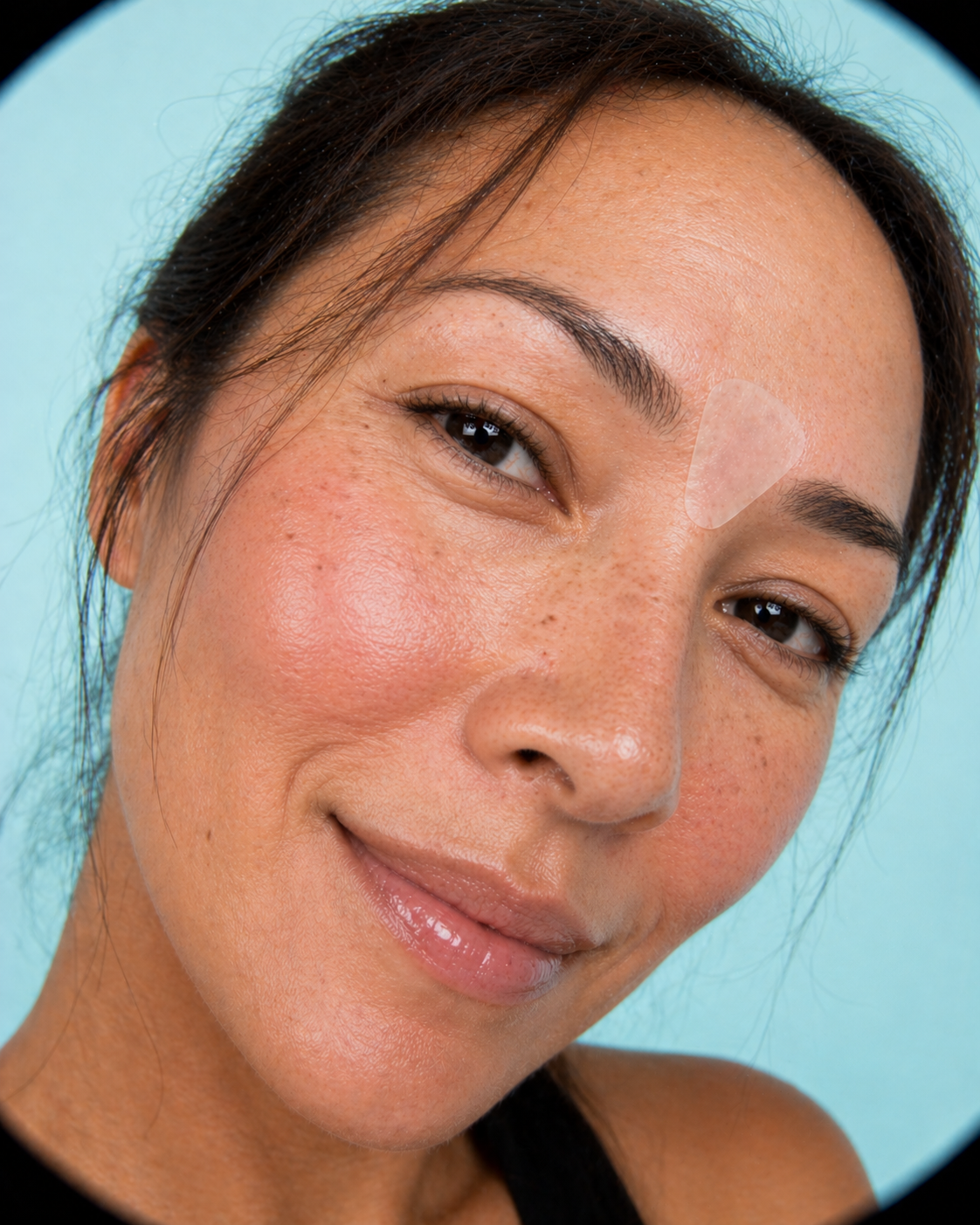 Woman with a patch on her face against a blue background