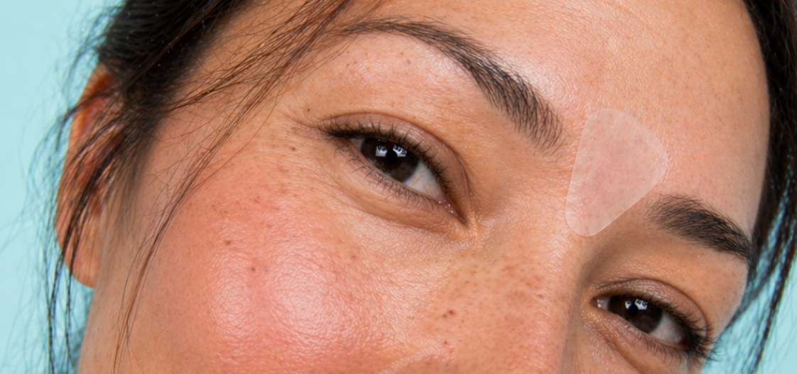 Close-up of a woman's face with a patch on her face against a light blue background