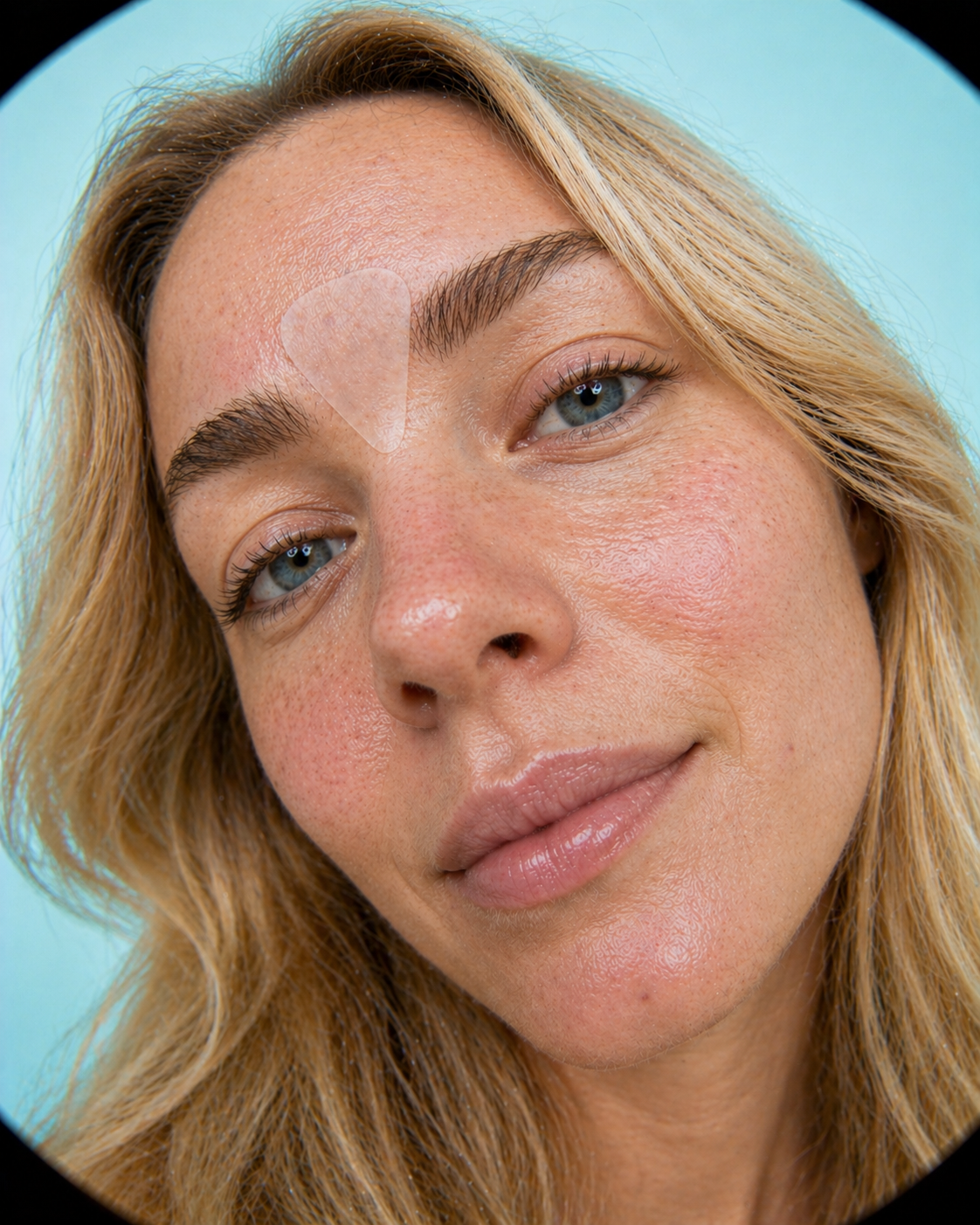 Close-up of a woman's face with a wrinkle  patch on her forehead.