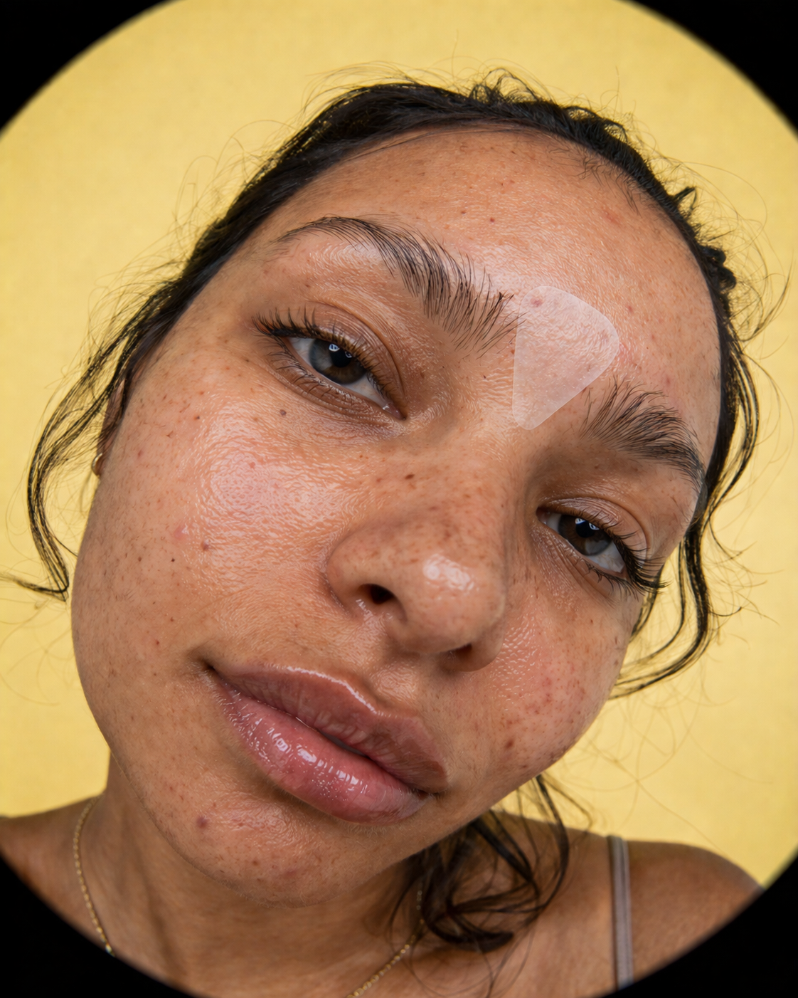 woman with patch on her forehead and yellow background