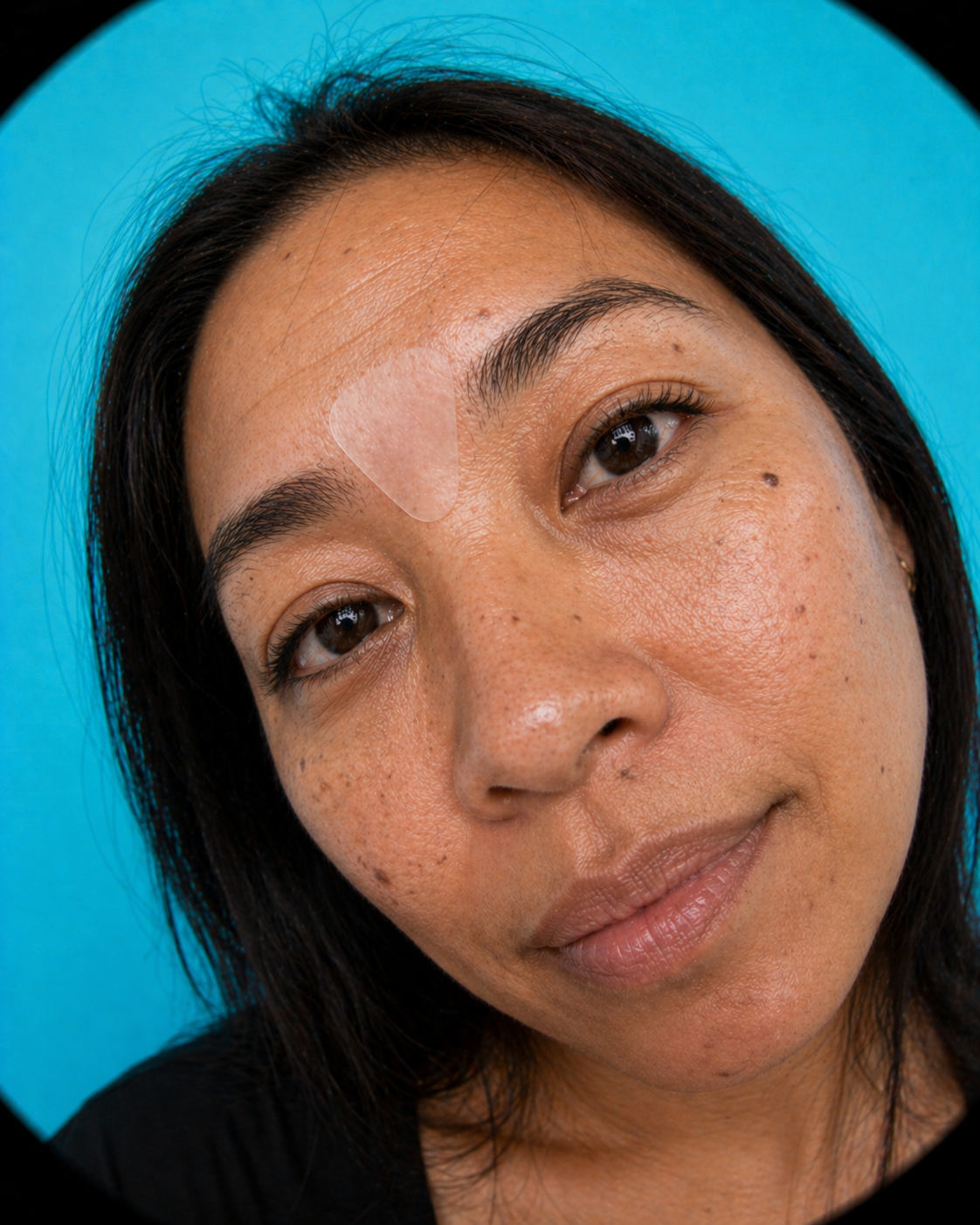 Woman with a patch on her face against a blue background